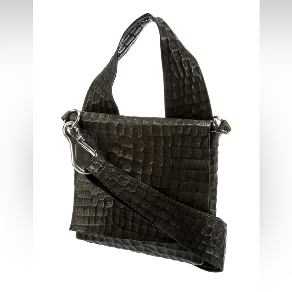 DANIELLA LEHAVI Green Croc-Textured Leather Bag w Detachable Shoulder Strap